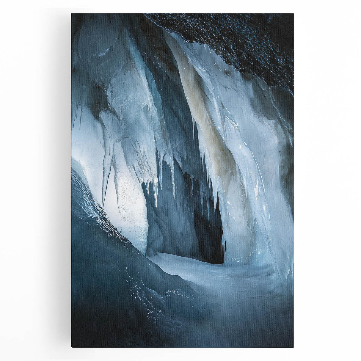 Stretched canvas artwork depicting a serene cave landscape, showcasing shades of blue and earthy tones, perfect for enhancing home decor and creating a calming atmosphere.