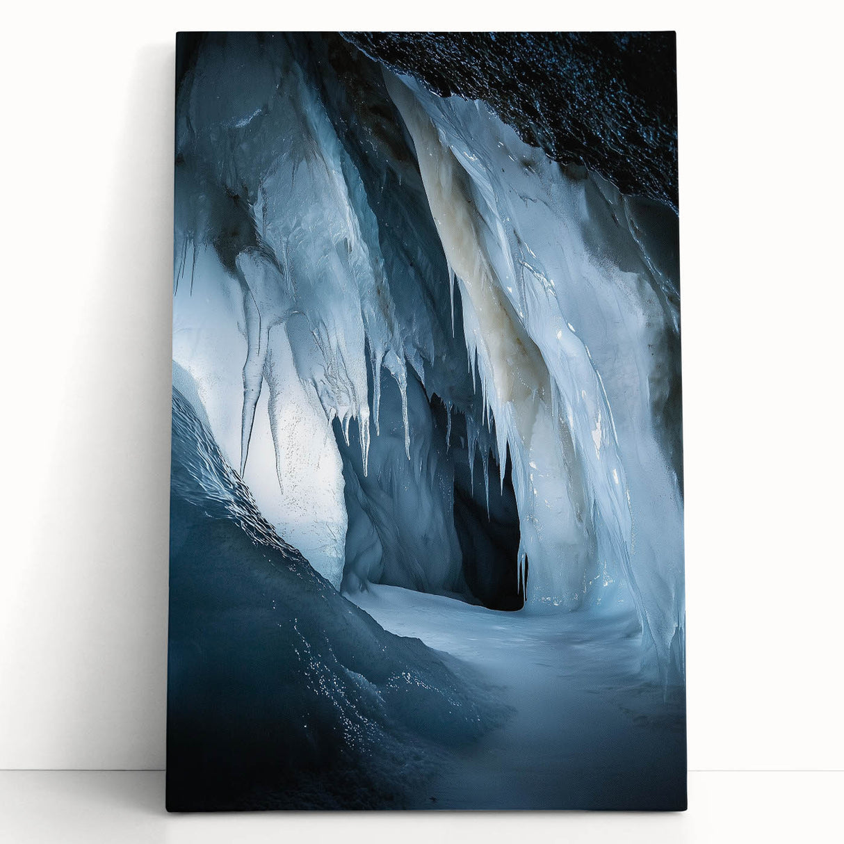 Stretched canvas artwork depicting a serene landscape with caves, showcasing earthy tones and intricate details, perfect for enhancing any modern decor.