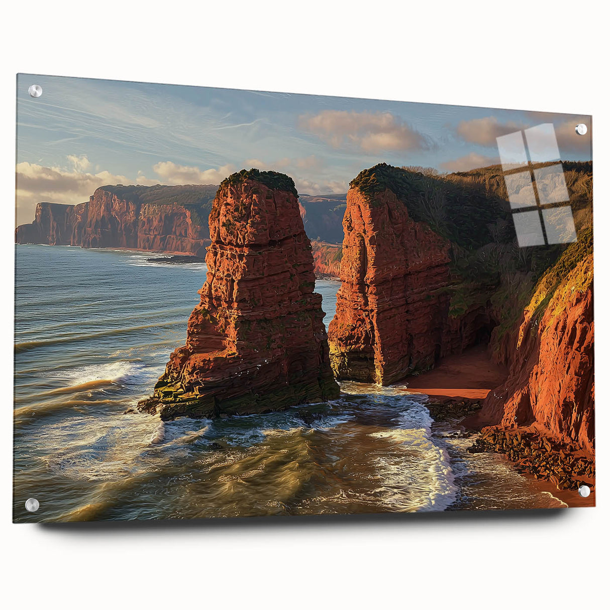 Acrylic glass artwork showcasing a stunning landscape view of cliffs, featuring vibrant colors and detailed textures, perfect for modern home decor.