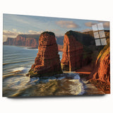 Acrylic landscape artwork depicting dramatic cliffs in vibrant colors, showcased from a side view, designed without pins for a sleek display. Ideal for modern home decor.