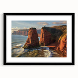 Framed landscape artwork showcasing dramatic cliffs with vibrant natural colors, set in a sleek black mat, perfect for modern home decor or art enthusiasts.
