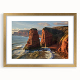Elegant gold-framed landscape artwork showcasing dramatic cliffs under a blue sky, perfect for home decor. The matting adds depth, enhancing its visual appeal.