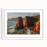 Framed landscape artwork showcasing dramatic cliffs with a white matting, ideal for home decor. Perfect for adding a touch of nature to any room.