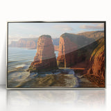 Framed acrylic artwork showcasing a stunning landscape of rugged cliffs under a vibrant sky, ideal for modern home decor and enhancing interior aesthetics.