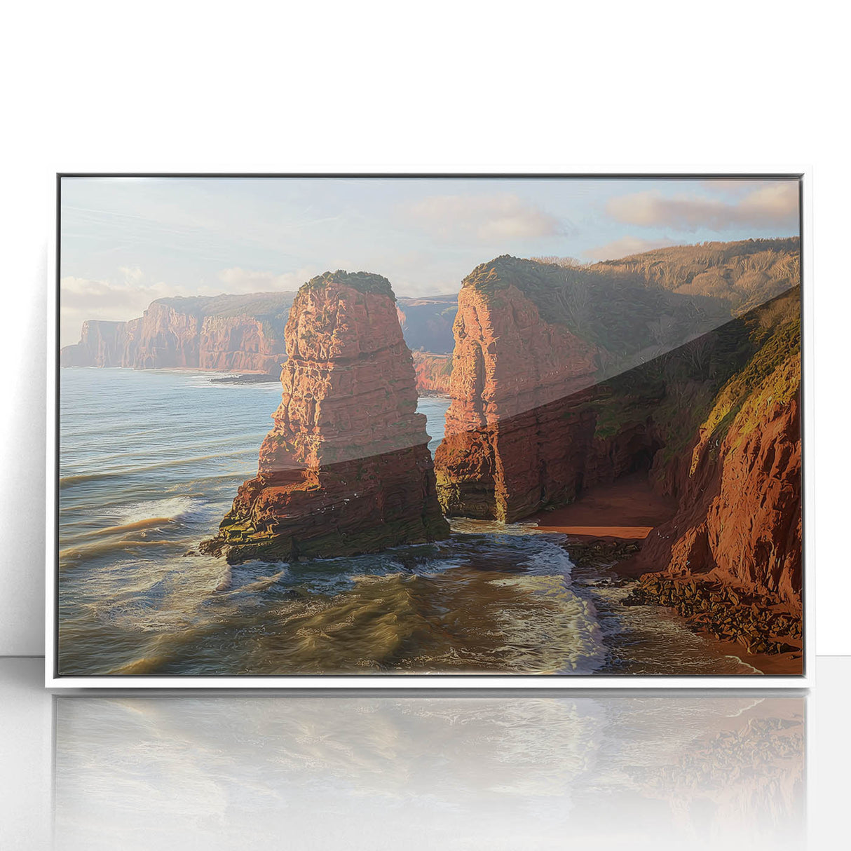 Framed acrylic landscape artwork depicting dramatic cliffs in a vibrant color palette, showcased against a sleek white frame for modern decor.