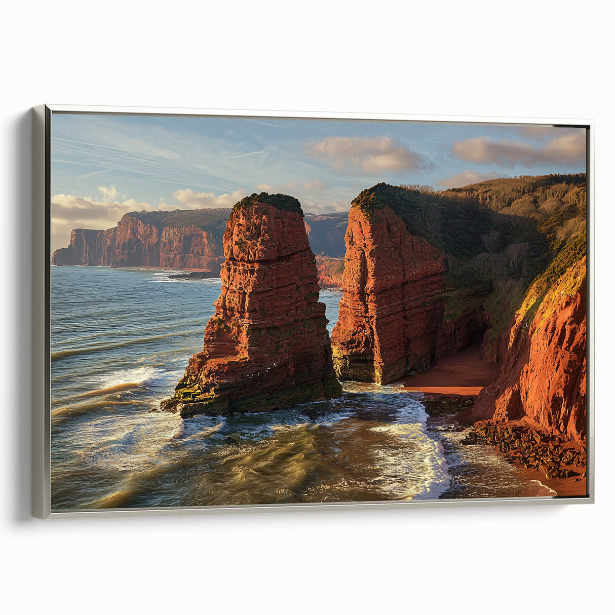 Framed canvas artwork depicting dramatic cliffs and lush landscapes, showcasing a silver frame, perfect for enhancing modern home decor with natural beauty.