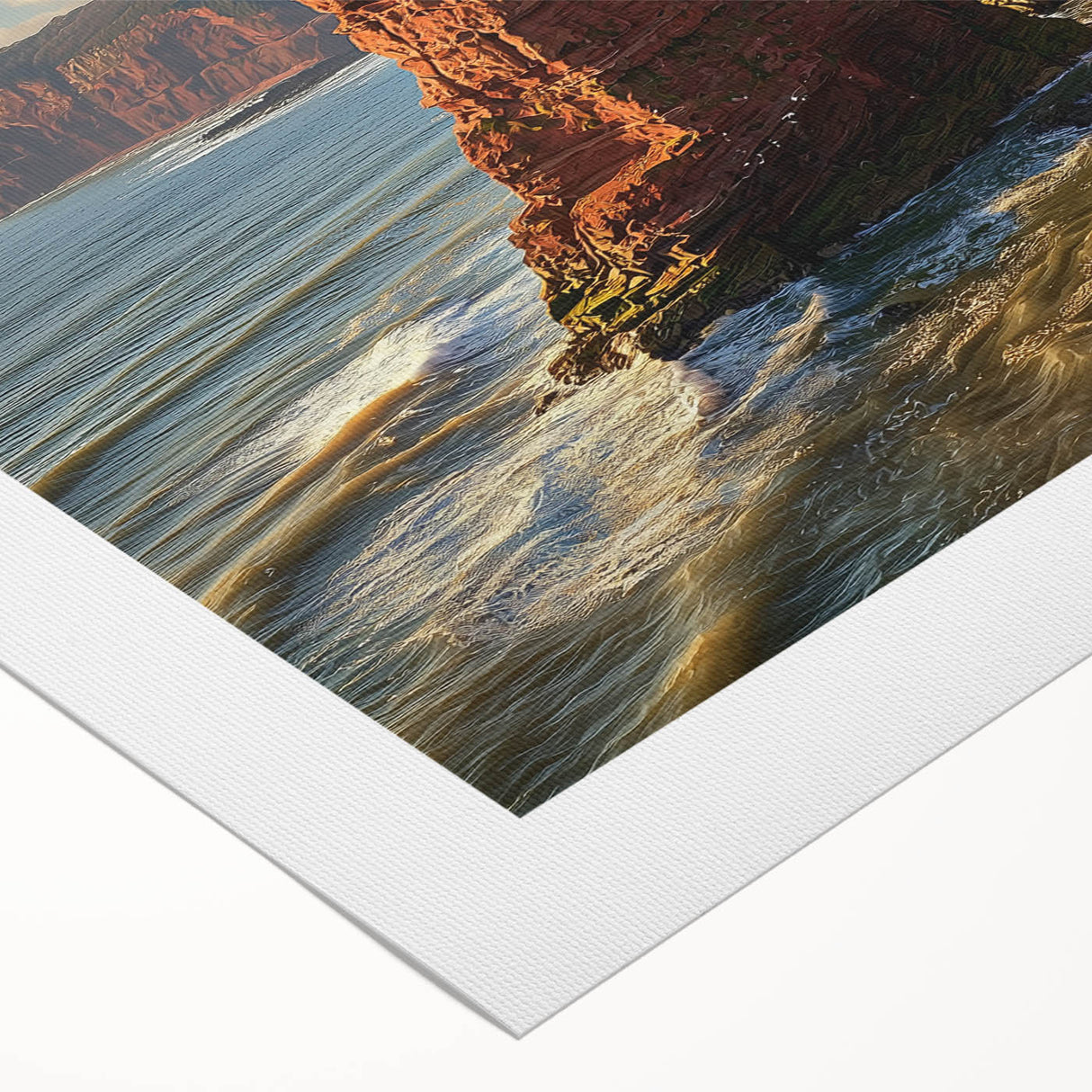 Vibrant rolled canvas featuring a stunning landscape of steep cliffs and lush greenery, showcasing natural beauty and ideal for home decor. Packaged securely in a cardboard tube for safe delivery.