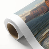 Vibrant rolled canvas artwork depicting majestic cliffs and landscapes, showcasing rich colors and intricate details, ideal for home decor or art enthusiasts.