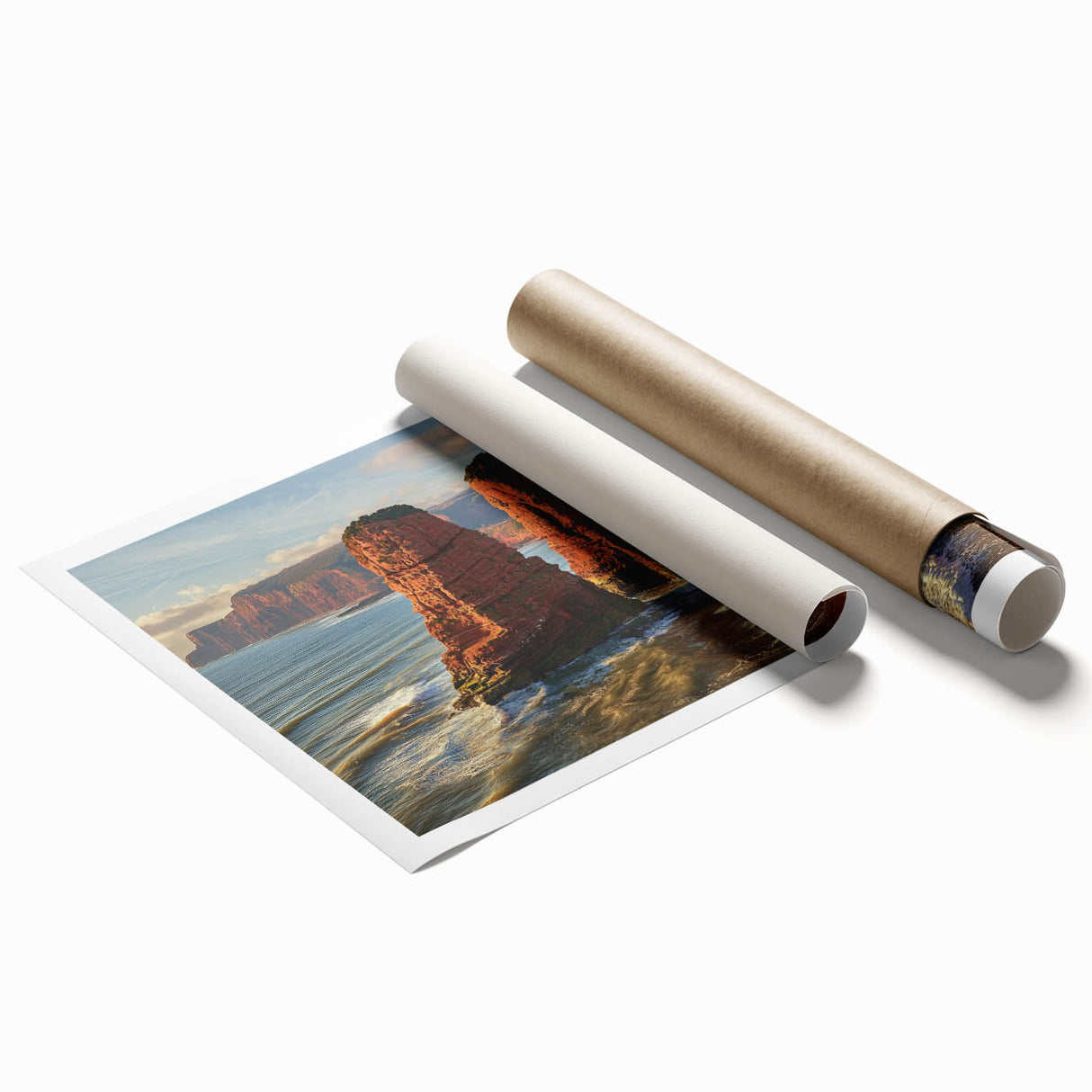 Stunning rolled canvas print showcasing a breathtaking landscape of rugged cliffs against a vibrant sunset, featuring rich colors and intricate details, perfect for home decor.