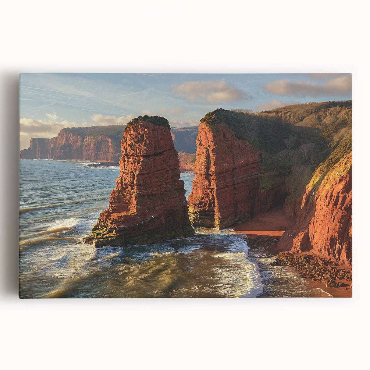Vibrant stretched canvas artwork depicting majestic cliffs with a dramatic sunset sky, showcasing rich colors and textures for a stunning landscape display. Ideal for home decor enthusiasts seeking nature-inspired art.