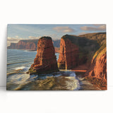 Stretched canvas artwork depicting a serene landscape with dramatic cliffs under a clear blue sky, ideal for home decor and nature enthusiasts.