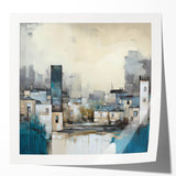 Abstract architectural wall art print showcasing geometric shapes and vibrant colors, displayed in a glossy mockup setting, ideal for modern interior decor.