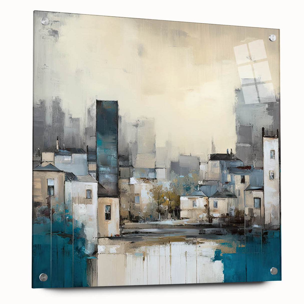 Abstract architectural wall art in acrylic glass, showcasing geometric designs with a side view, mounted with stylish pins for modern decor enhancement.