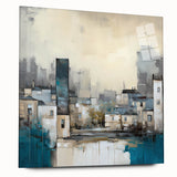 Abstract architectural wall art displayed in a sleek acrylic glass frame, showcasing geometric shapes and vibrant colors, perfect for modern interior decor.