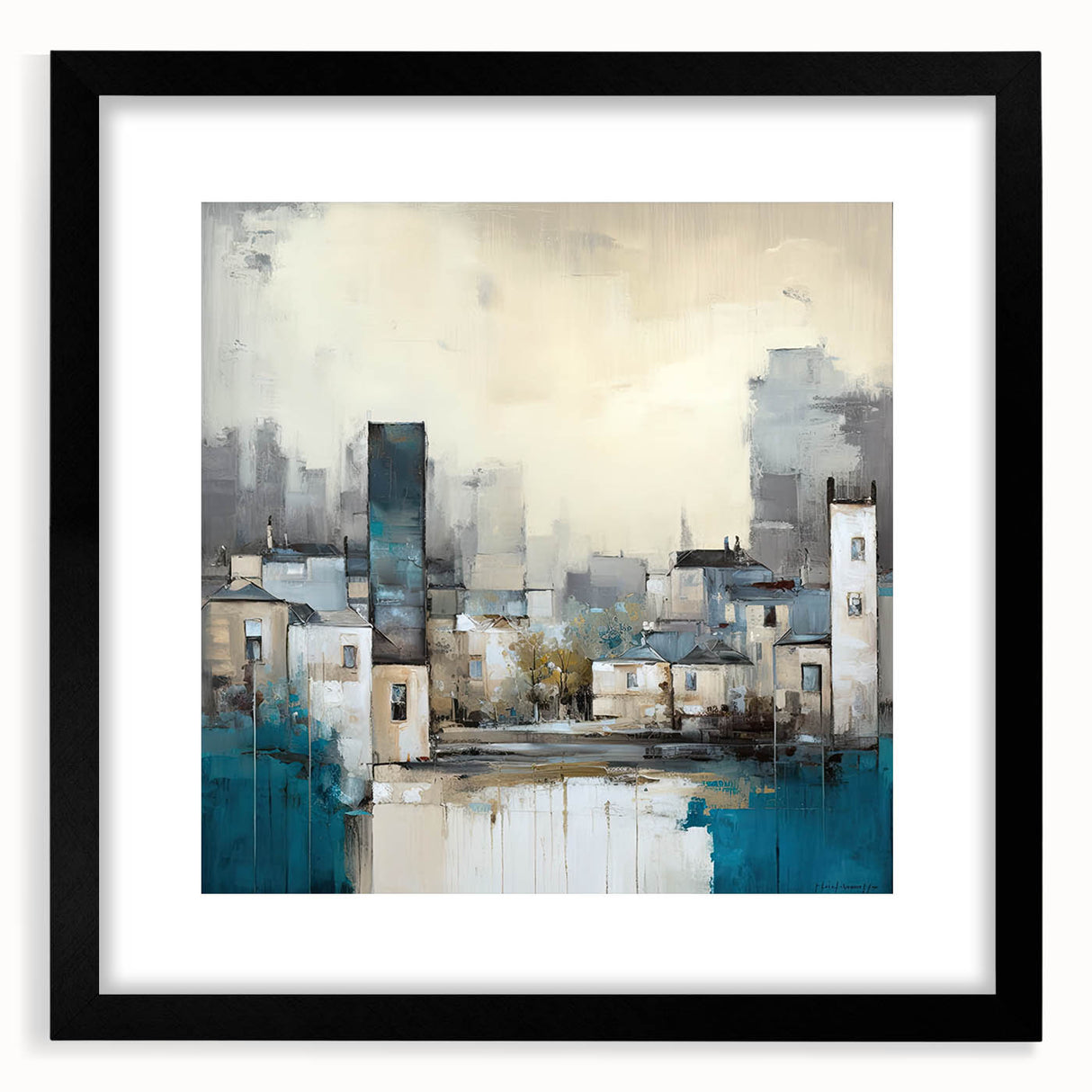 Abstract architecture wall art framed in black with a mat, showcasing geometric patterns and lines that add a modern touch to any interior decor.