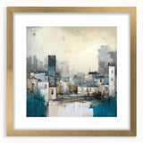 Abstract architecture wall art framed with a gold mat, showcasing dynamic geometric shapes and lines in a modern design, perfect for contemporary decor.