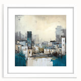 Abstract architectural wall art framed with a white mat, showcasing geometric shapes and soft colors, perfect for modern home decor and design enthusiasts.