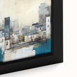 Abstract architectural wall art featuring geometric shapes and vibrant colors, framed in a sleek black frame, showcasing modern design elements for contemporary decor.