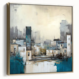 Framed abstract architecture wall art featuring a blend of silver and gold tones, showcasing modern design elements and geometric shapes, ideal for contemporary interiors.