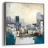 Framed canvas artwork showcasing a modern abstract architectural design with a silver frame, highlighting geometric shapes and elegant lines, ideal for contemporary decor.