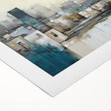 Abstract architectural wall art on rolled canvas showcasing geometric shapes in bold colors, ideal for modern home decor. Sturdy cardboard tube packaging ensures safe delivery.