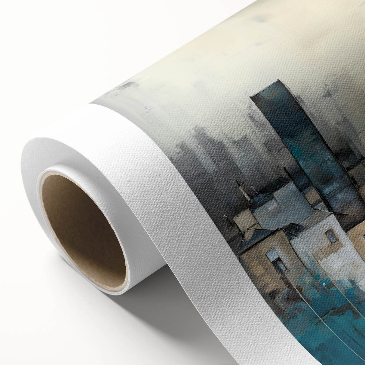 Abstract architecture wall art on rolled canvas showcasing geometric shapes in vibrant colors of blue, yellow, and orange, perfect for modern home decor.