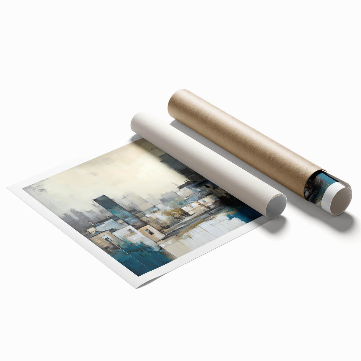 Abstract architectural wall art print showcasing geometric shapes and vibrant colors, rolled neatly for easy display and shipping in a protective tube.