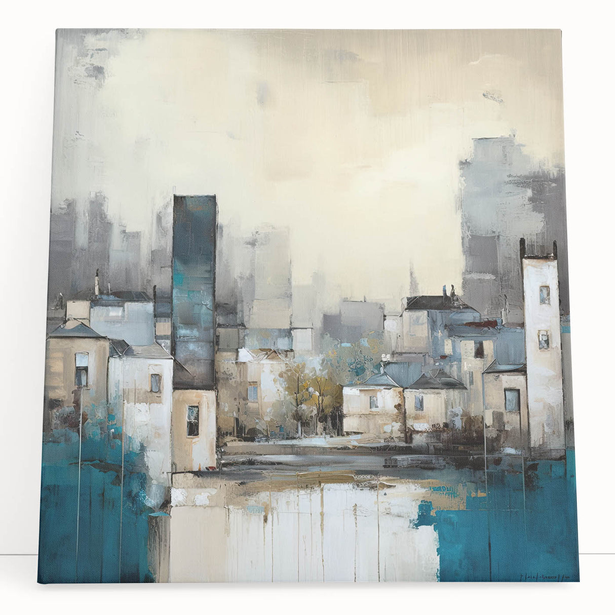 Abstract architecture wall art on stretched canvas, showcasing geometric shapes and vibrant colors, leaning against a modern interior wall, ideal for contemporary decor.