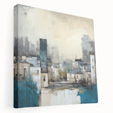 Abstract architectural wall art displayed on stretched canvas, showcasing geometric shapes in vibrant colors and modern design elements, perfect for contemporary home decor.