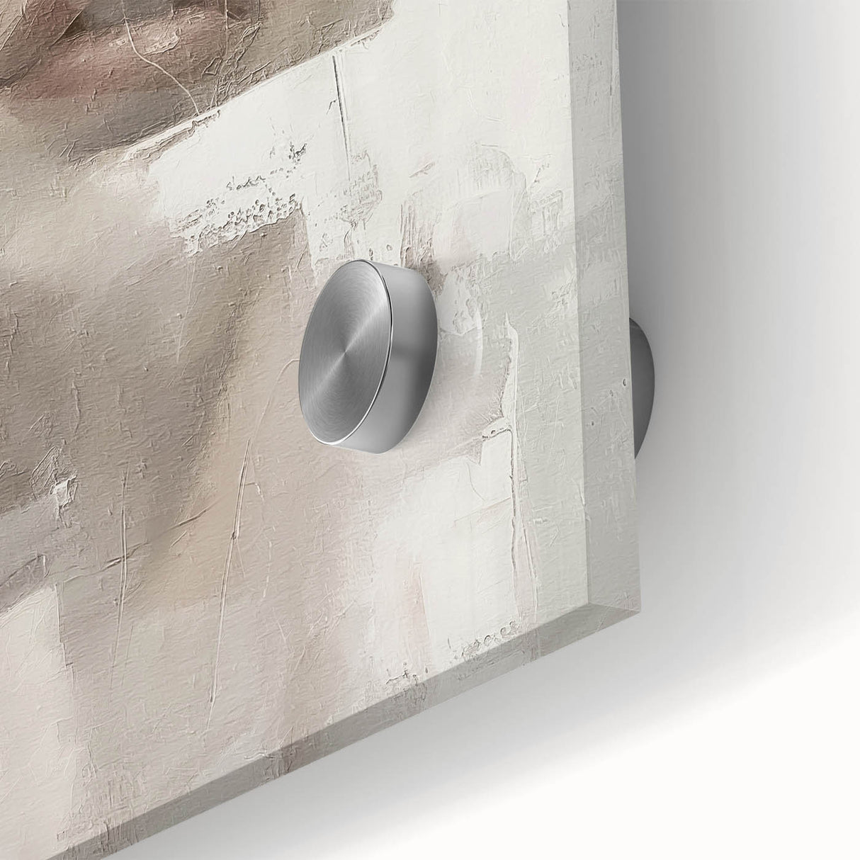Close-up of abstract figurative wall art featuring vibrant colors and dynamic shapes, printed on high-quality acrylic glass, suitable for modern decor.