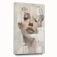Abstract figurative wall art design displayed in acrylic glass, showcasing vibrant colors and dynamic shapes, enhanced with decorative pins for a modern aesthetic.