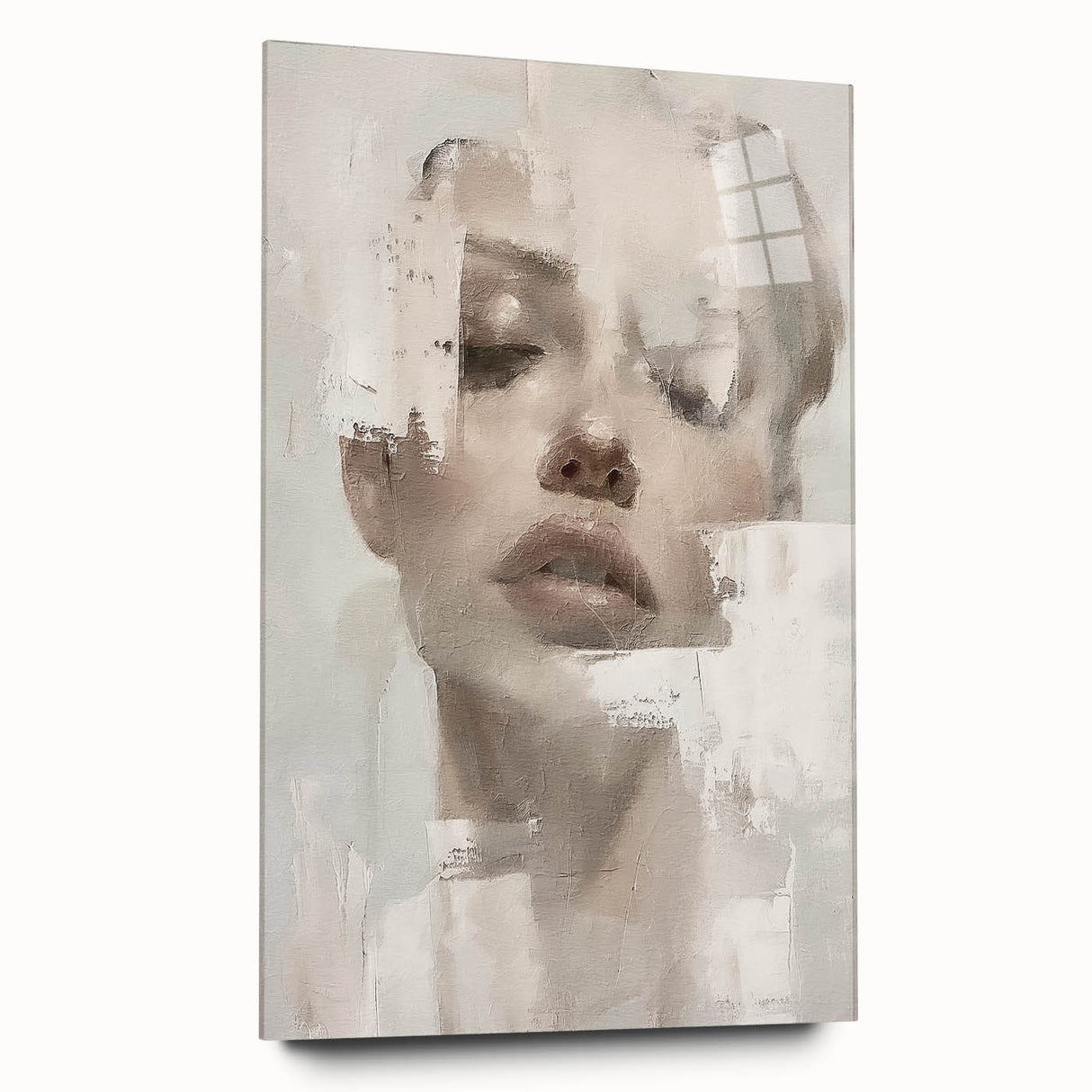 Acrylic glass wall art featuring an abstract figurative design, showcasing vibrant colors and unique shapes, elegantly displayed from a side view without pins. Perfect for modern home decor or gallery displays.