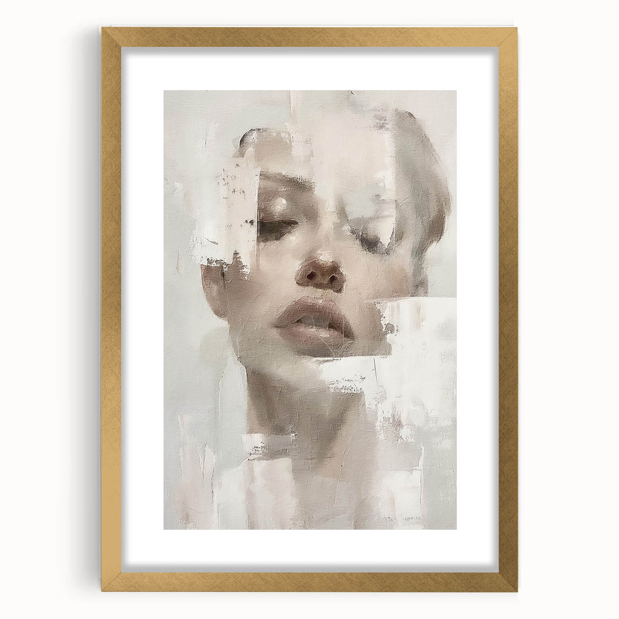 Abstract figurative wall art framed in gold with a white mat, showcasing vibrant colors and fluid shapes, perfect for modern home decor.