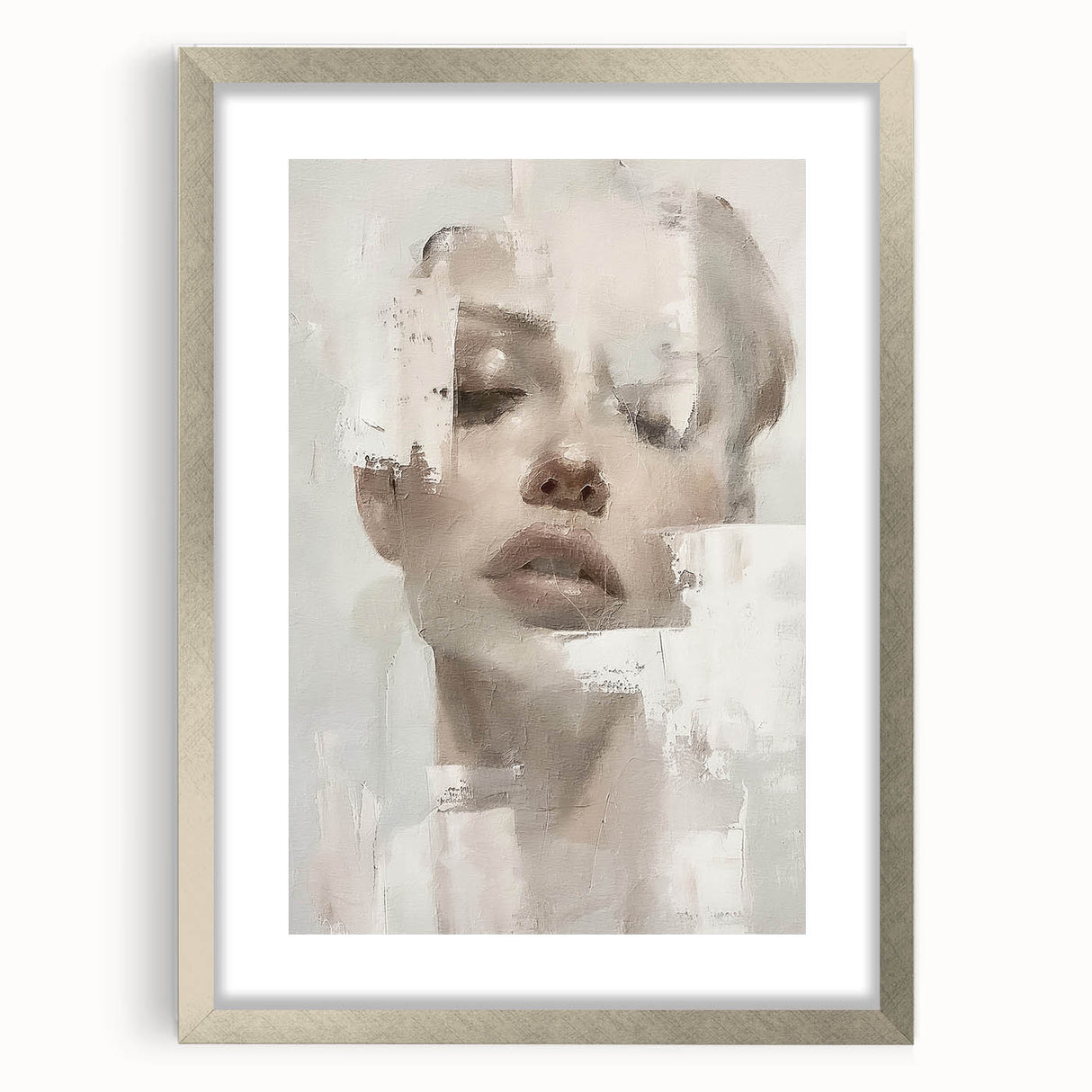 Abstract figurative wall art framed in silver, featuring vibrant colors and dynamic shapes, perfect for modern home decor, displayed with a white mat for added elegance.