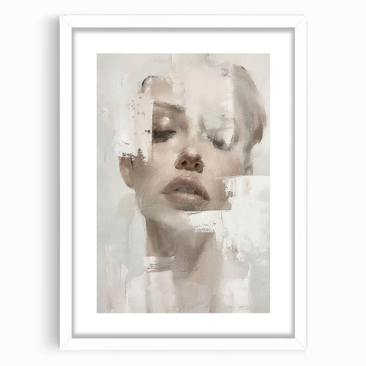 Abstract figurative wall art framed in white, showcasing vibrant colors and dynamic shapes, ideal for modern home decor and art enthusiasts.