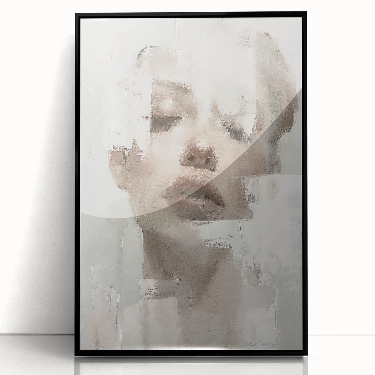 Framed abstract figurative wall art featuring bold black and white designs, set against a sleek acrylic frame, ideal for modern home decor.