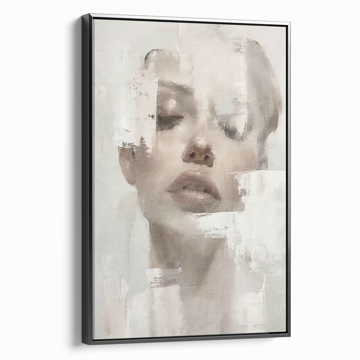 Framed abstract figurative wall art in a black frame, showcasing fluid shapes and muted tones, ideal for modern home decor. Side view highlights depth and elegance.