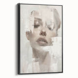 Framed abstract figurative wall art in a black frame, showcasing fluid shapes and muted tones, ideal for modern home decor. Side view highlights depth and elegance.