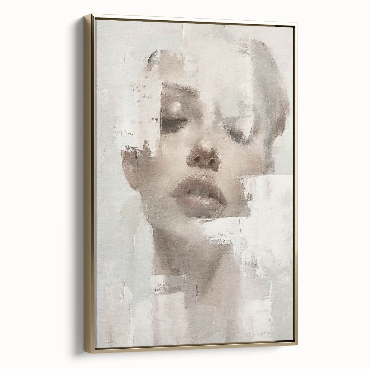 Framed abstract figurative wall art featuring gold accents and a modern design, showcased in a side view against a neutral backdrop, perfect for contemporary decor.