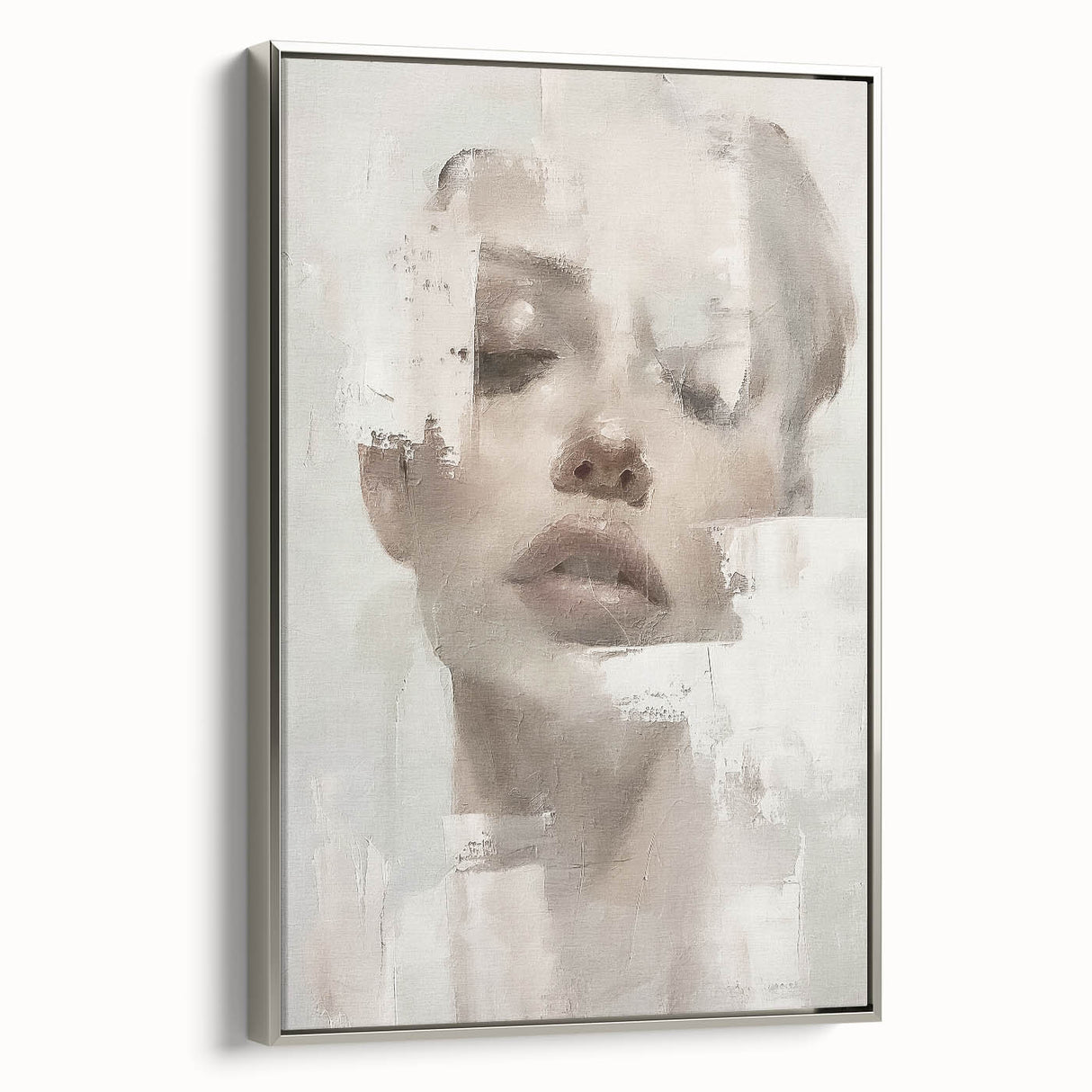 Framed abstract figurative wall art in silver, showcasing a modern design with fluid shapes and vibrant colors, ideal for contemporary home decor.