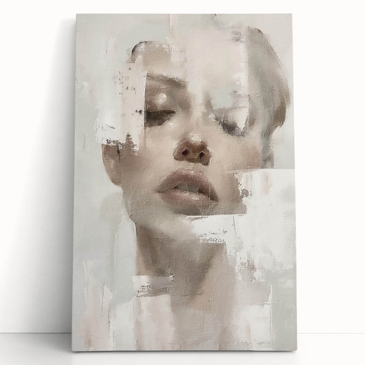 Abstract figurative wall art on stretched canvas, showcasing vibrant colors and dynamic shapes, leaning against a wall, perfect for modern home decor.