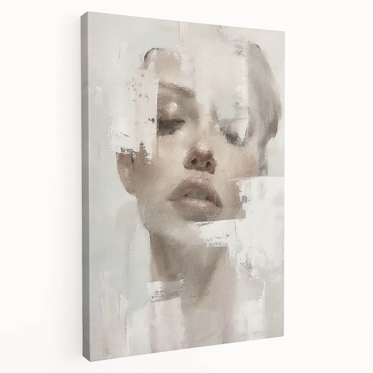 Abstract figurative wall art canvas showcasing vibrant colors and dynamic shapes, displayed in a side view, perfect for modern home decor.