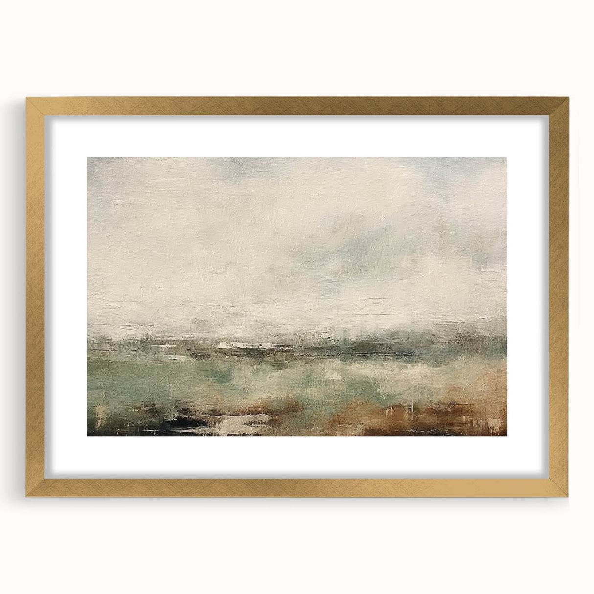 Abstract landscape wall art framed in gold with a mat, showcasing vibrant colors and intricate details, perfect for enhancing modern home decor aesthetics.