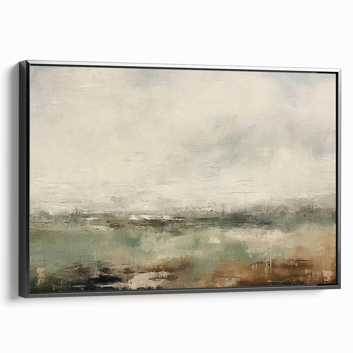 Framed canvas wall art depicting an abstract landscape with shades of blue, green, and black, showcasing a modern design ideal for contemporary home decor.
