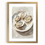Extra large abstract art print featuring textured food dishes in neutral tones, framed in gold, ideal for living room decor.