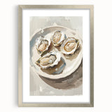 Textured art of abstract food dishes in muted earth tones, framed with a silver mat, suitable for bedroom art.
