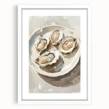 Abstract art print featuring assorted food dishes in muted earth tones on a white framed mat, suitable for dining room decor.