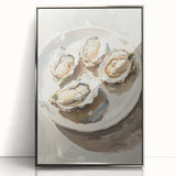 Mid-century modernist art depicting various food dishes in muted colors, framed in silver acrylic.