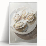 Acrylic print of assorted food dishes in art deco style with white frame, suitable for modern kitchen decor.