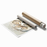 Extra large rolled print of various detailed food dishes in soft watercolor tones, ideal for classy bathroom wall art.